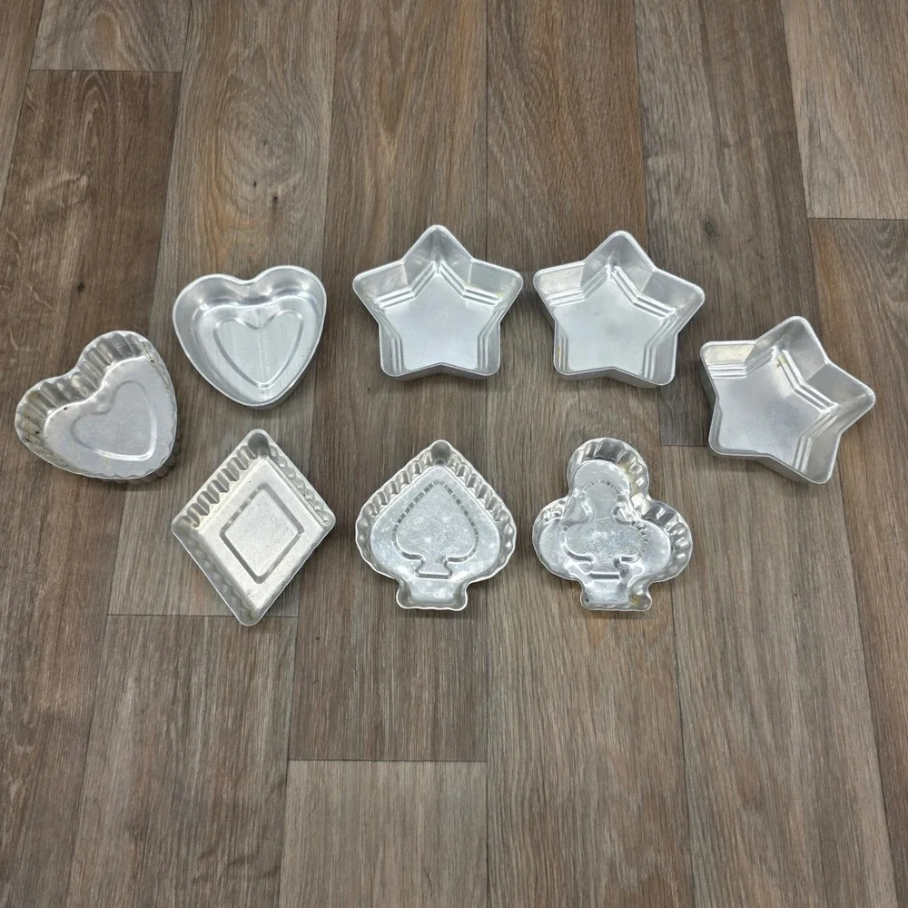 Vintage Aluminum Mini Cake Jello Molds Stars Hearts Playing Card Suits Set‎ of 8
